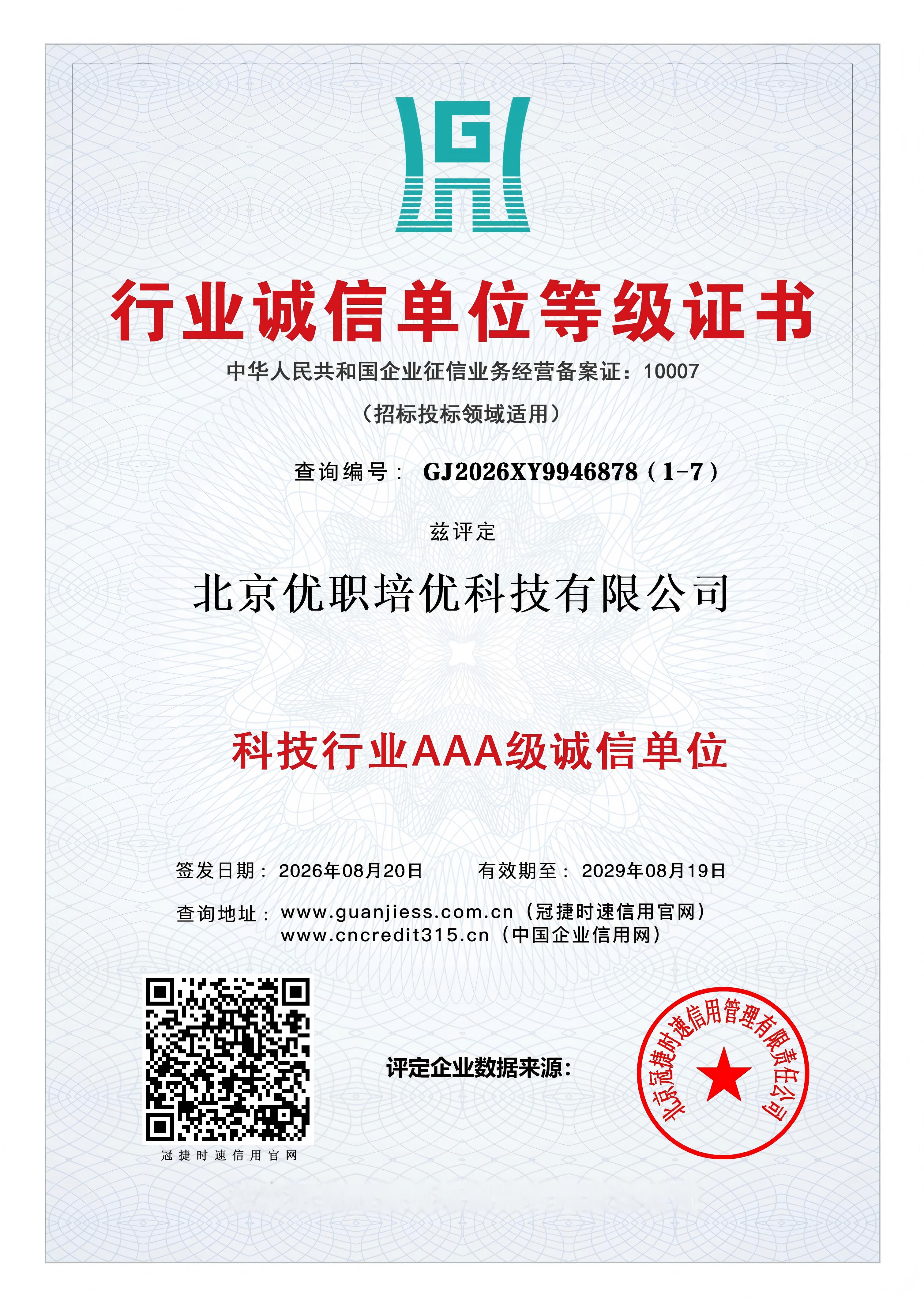 行业诚信单位等级证书